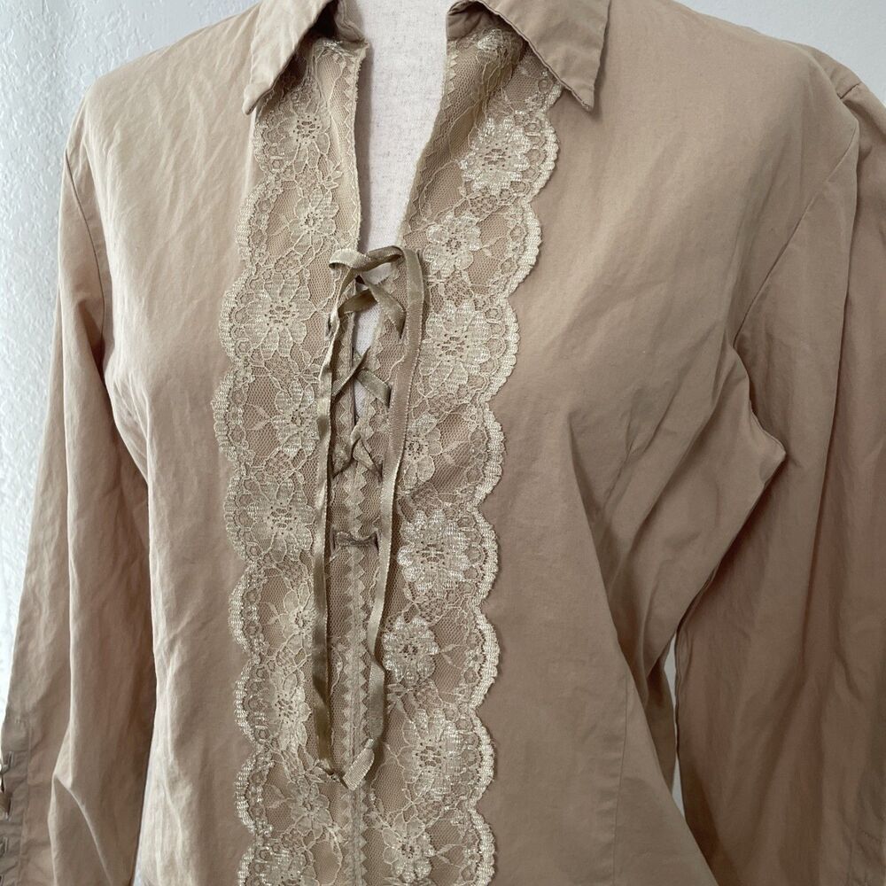 Andrew & Co Women’s Blouse L Tan Lace-Up Long Sleeve Victorian Romantic Cotton - Picture 2 of 10